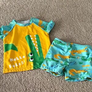 SHEIN Kids Yellow and Aqua Crocodile Rashguard Set